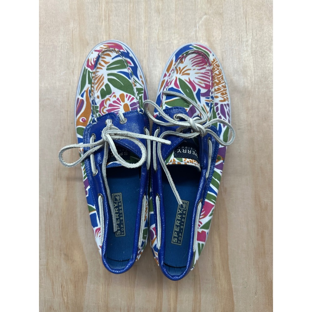 Sperry Multicolor Floral Canvas Boat Shoes with Blue Trim and Light Laces